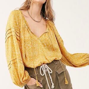 Free People Intimately All Tucks Floral Snap Button Bodysuit Yellow Size Small